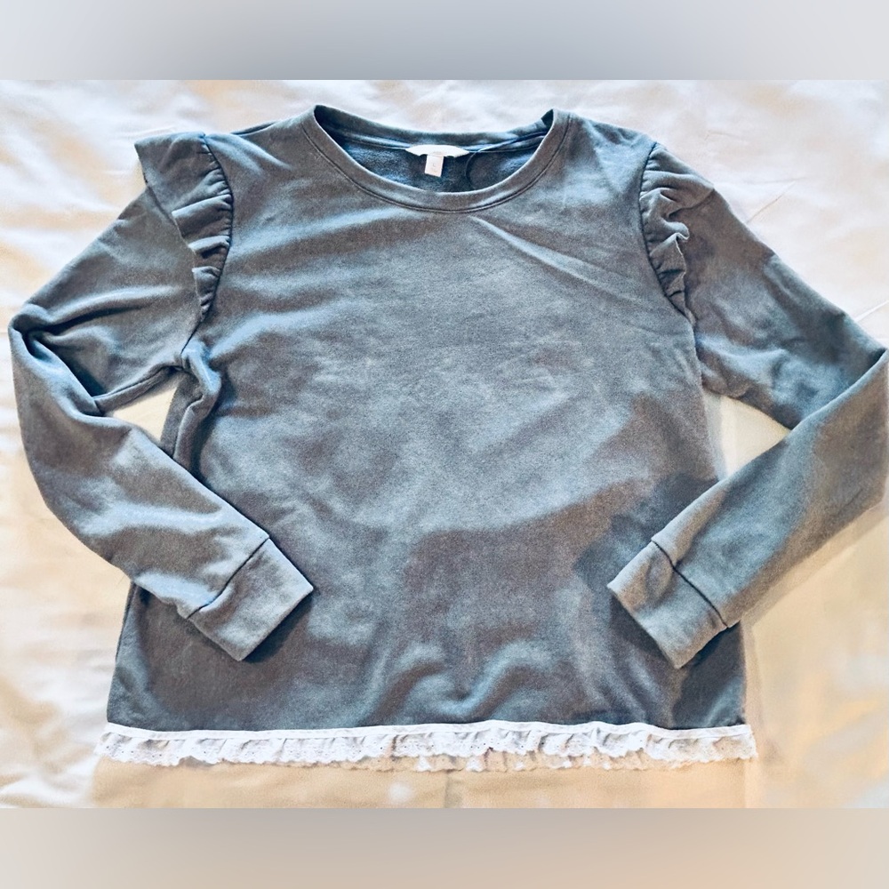 LC Lauren Conrad Blue Sweatshirt with Ruffled Sleeves and Lace Trim Size Large